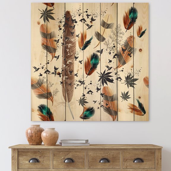 Designart 'Multicolored Feather Pattern With Floral' Bohemian & Eclectic Print on Natural Pine Wood