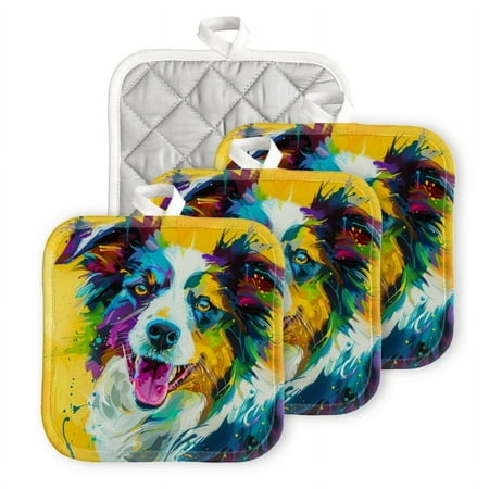 

BaHomeck Pot Holders 4pcs dacron Made Square heat-resisting mat Machine Washable for Kitchen Oven Hot Pads 6.7inch*6.7inch Colorful Portrait Of Australian Shepherd Dog