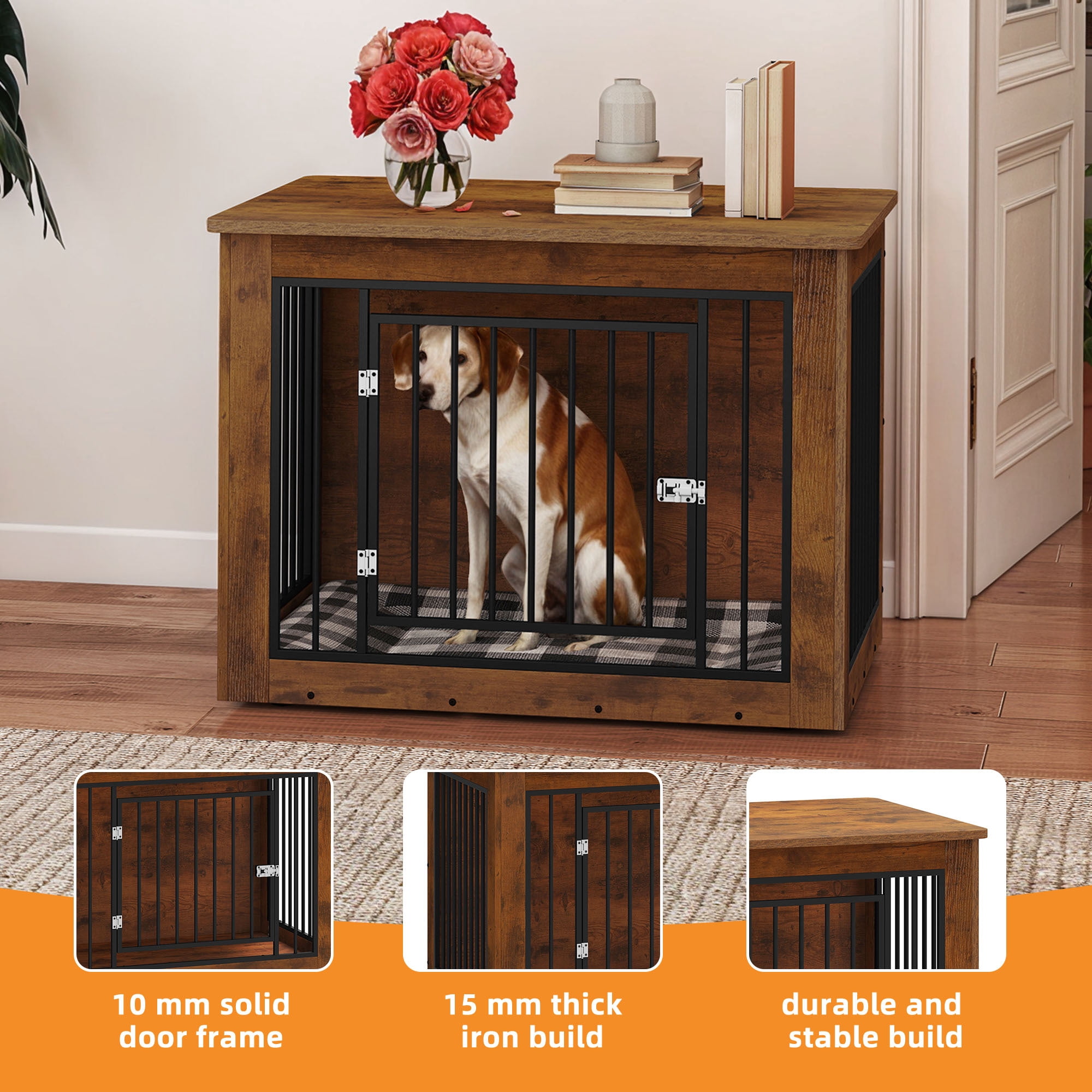 Uforic 38 Inch 2-in-1 Iron-Wood Fusion Indoor Dog Kennel Side End Table for Large Dogs, Waterproof Top & Safety Rounded Corner with Steel Lock, Holds up to 60 lbs, Rustic Brown