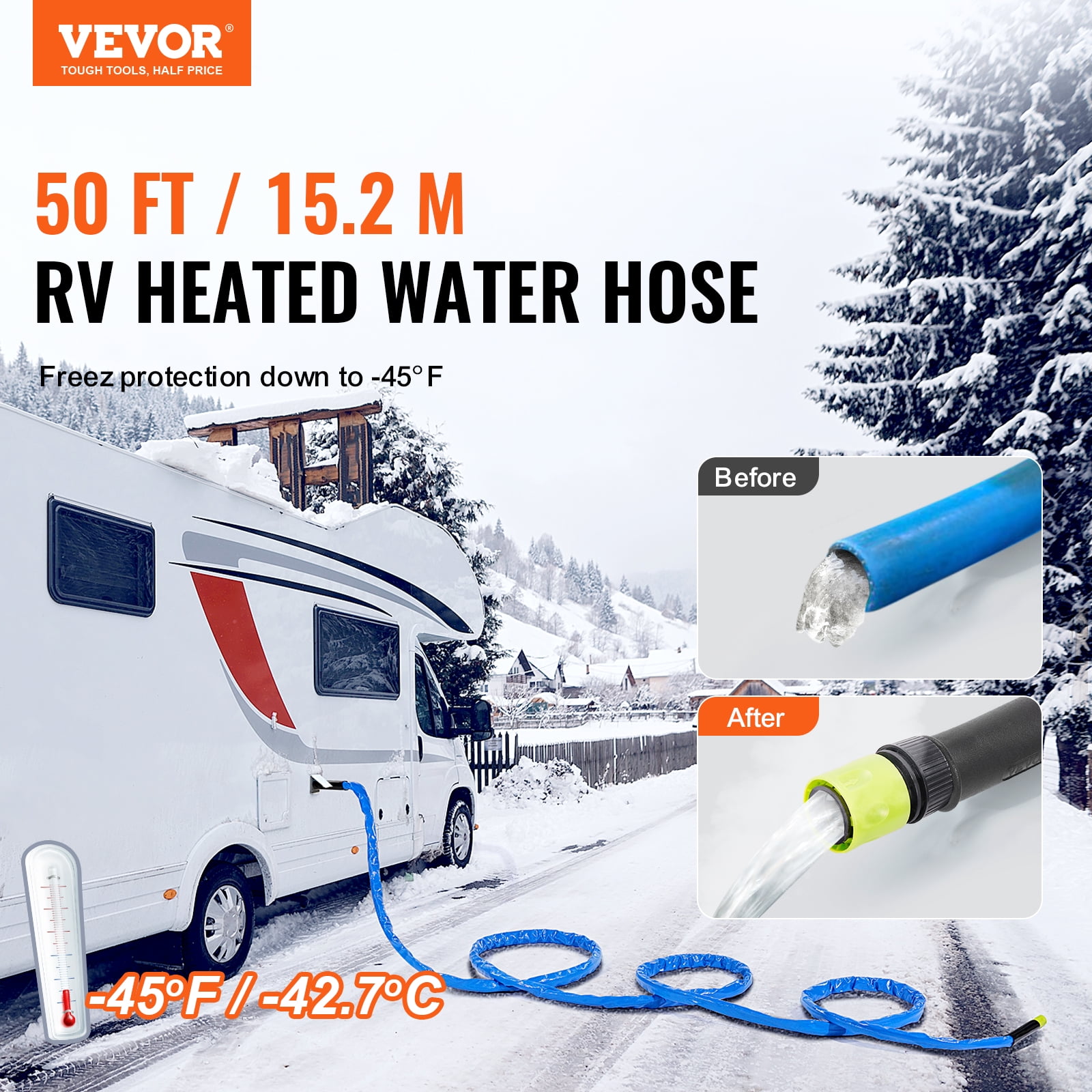 VEVOR 50ft Heated Water Hose for RV, Heated Drinking Water Hose with Corrugated Cover Antifreeze to -45°F, Automatic Self-regulating, 5/8" I.D. with 3/4" GHT Adapter, Lead and BPA Free