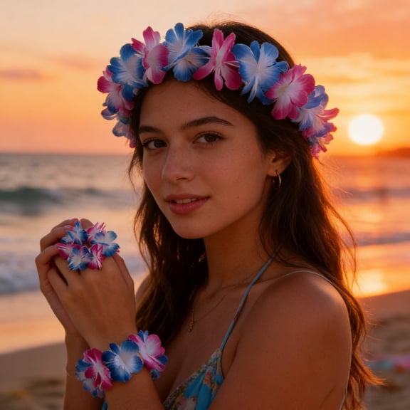 Hawaiian Flower Lei Set, 4 Pack Two Tone Tropical Garland, Soft Fabric Hula Necklaces for Luau Party Supplies, Stage Performance Props, Beach Themed Decorations