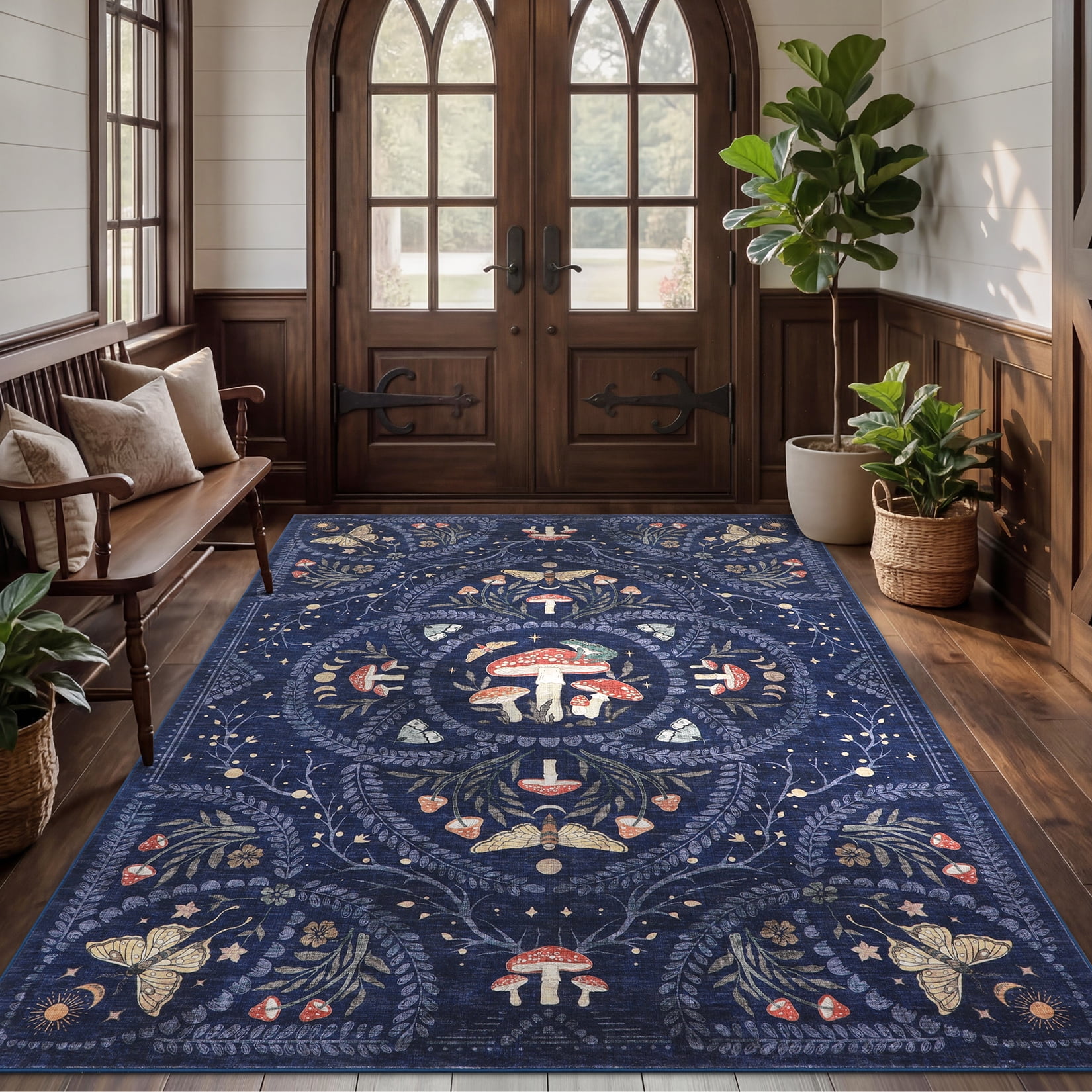 GlowSol Washable Non-Slip Low-Pile Area Rug, Mushroom Gothic Dark Academia Celestial Design - Soft Mark-Resistant Floor Carpet for Living Room, Bedroom, Nursery, Playroom - Blue, 8x10