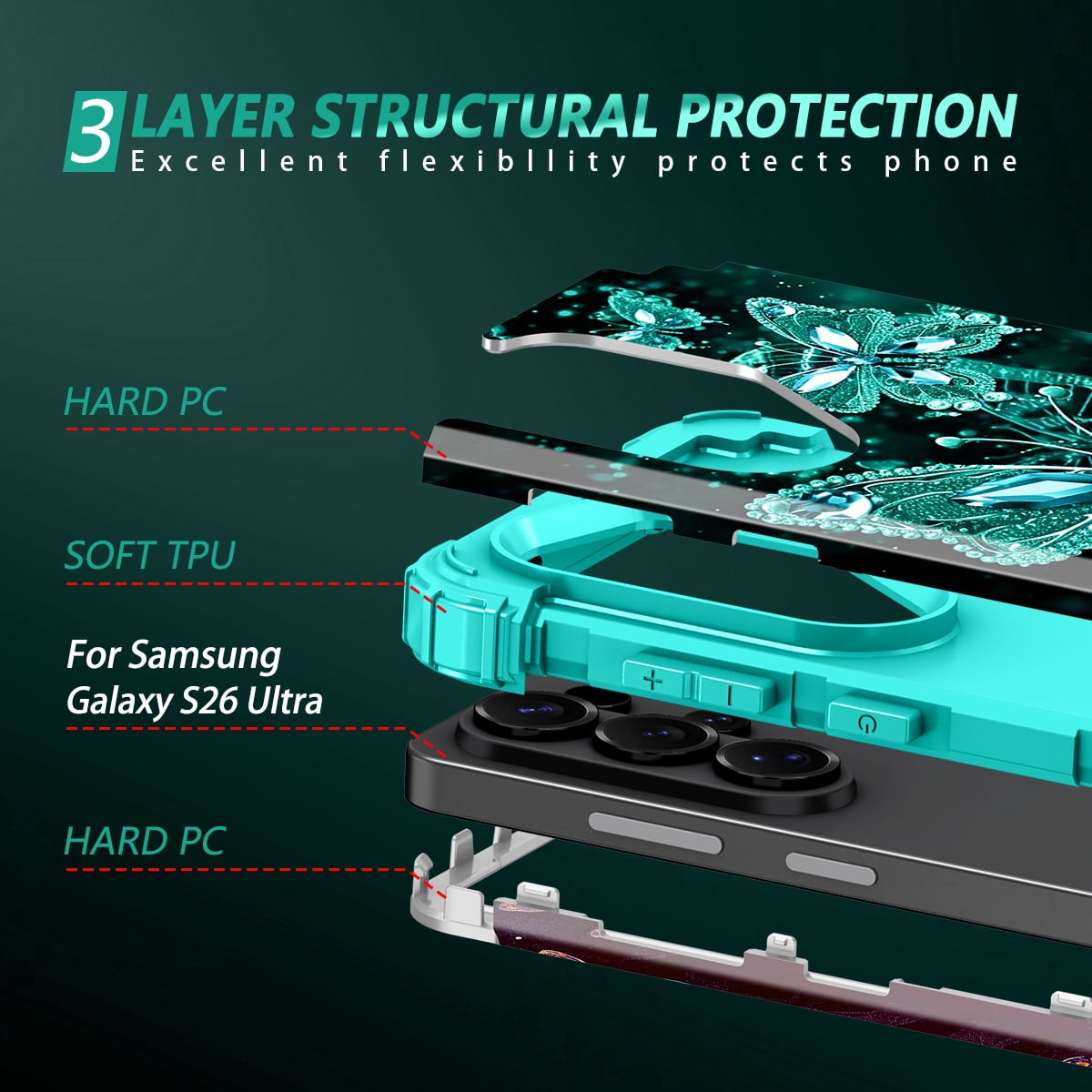 Casetego for Samsung Galaxy S26 Ultra 5G Case,Glow in The Dark Three Layer Heavy Duty Sturdy Shockproof Protection Rugged Hard PC+Soft TPU Bumper Case for Galaxy S26 Ultra,Green Black Butterfly