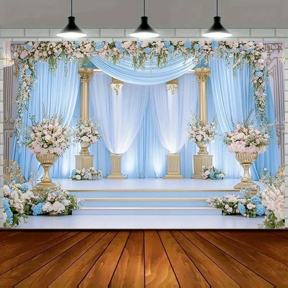 Luxurious Blue White Floral Backdrop Golden Columns Castle Palace Photography Background Wedding Party Decoration Elegant Flowers Backdrop Bridal Shower Backdrops Studio Props