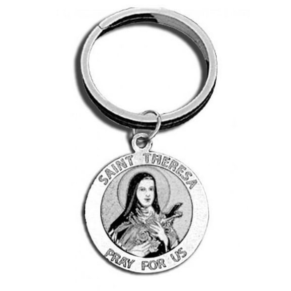 Saint Theresea Religious Engravable Keychain - 1 inch x 1 inch Round - Sterling Silver