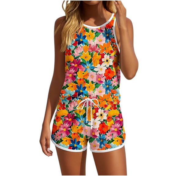 Simua Summer 2 Peice Outfit for Women Fashion Floral Printed Tank Tops and Drawstring Shorts Beach Lounge Set
