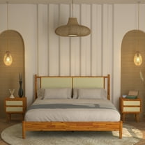 Asher 47" King Platform Bed Frame, Rattan Headboard, Mid Century and Boho, Solid Wood, Caramel