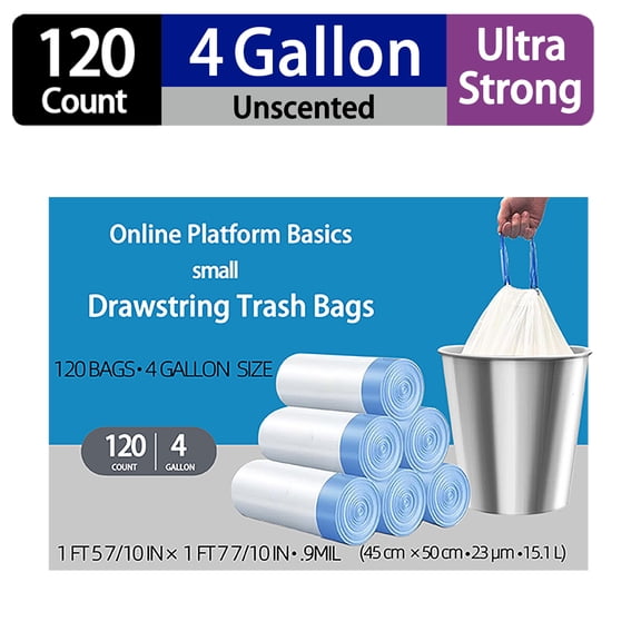 4 Gallon Small Drawstring Trash Bags,Unscented,Ultra Strong,White,120 Count