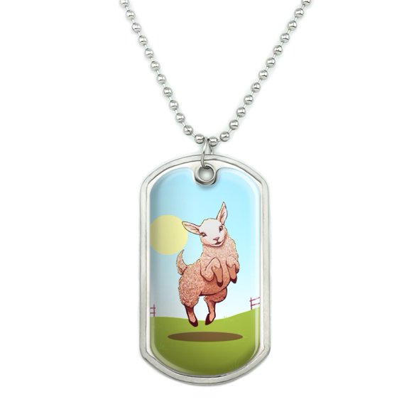 Happy Lamb on Field Military Dog Tag Pendant Necklace with Chain