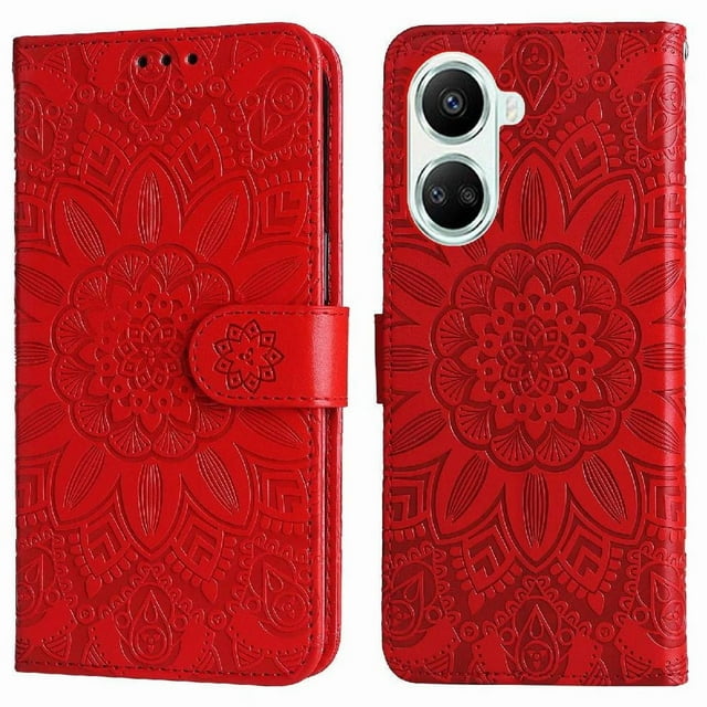 funda tipo cartera gangxun para huawei nova 10 se roja con diseño girasol en relieve, cuero PU con cierre magnético, ranuras internas para tarjetas y compartimento para billetes, soporte plegable para manos libres ideal para ver videos o videollamadas; vista frontal y posterior.