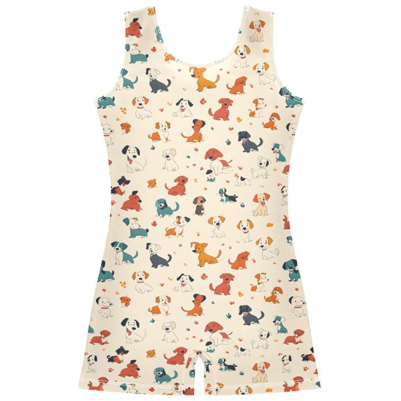Gymnastics Leotard Sleeveless Cartoon Dogs Scattered Stretchy Dance Bodysuit Breathable Athletic Ballet Yoga Outfit for Ages 3-14