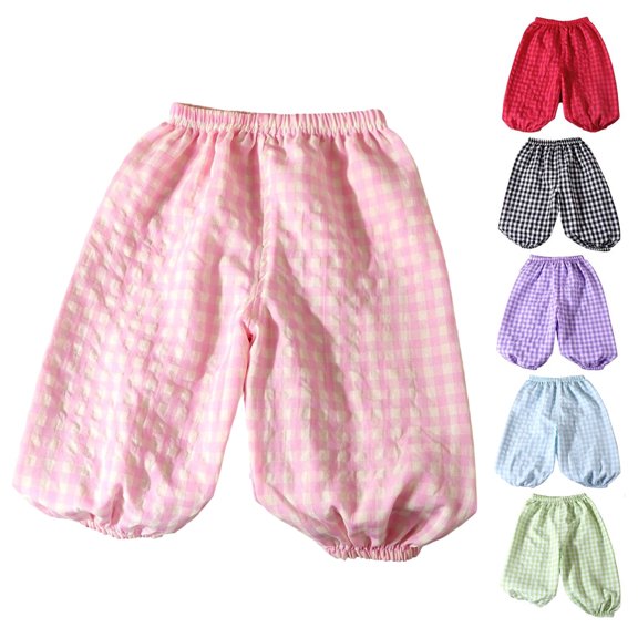 Lumosvexa Girls Long Pants, Breathable Elastic Waist Plaid Print Summer Home Comfort Pants Pink 7
