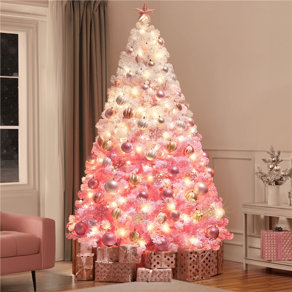 Renwick 7.5Ft Pre-lit Flocked Artificial Christmas Tree with 550 Incandescent Warm Lights, Pink Gradient