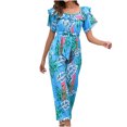 thumbnail image 2 of Usmixi Jumpsuits for Women Dressy Beach Vacation Elastic Waist off Shoulder Jumpsuits Overalls with Tie Summer Square Neck Short Sleeve Leaves Print Long Formal Rompers Blue xxl, 2 of 6