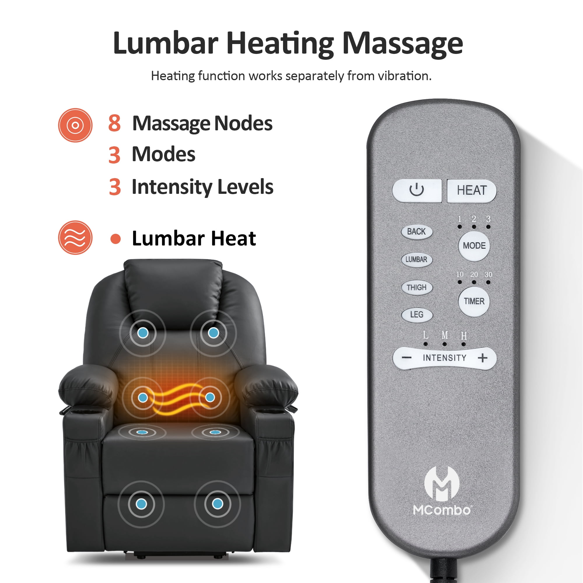 MCombo Large Power Lift Recliner Chair with Massage and Heat for Big and Tall Elderly , Faux Leather, Black