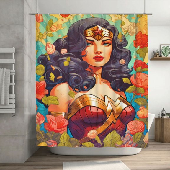 Wonder Woman Shower Curtain, Waterproof Washable Decorative Shower Curtain for Bathroom Bathtub, Bath Accessories Decor Set with 12 Hooks 72x72Inch Plastic