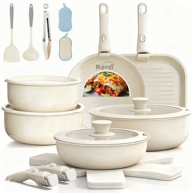Juego de 22 ollas y sartenes antiadherentes con mango desmontable, batería de cocina con tapas y cojín, sartén para freír apto para lavaplatos, cocina