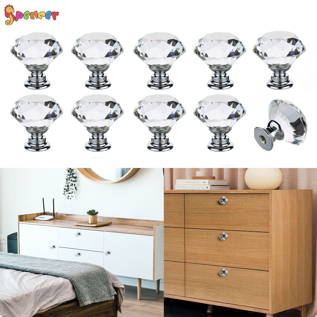 Spencer 10Pcs Dresser Knobs Drawer Knobs Crystal Knobs 30mm Diamond