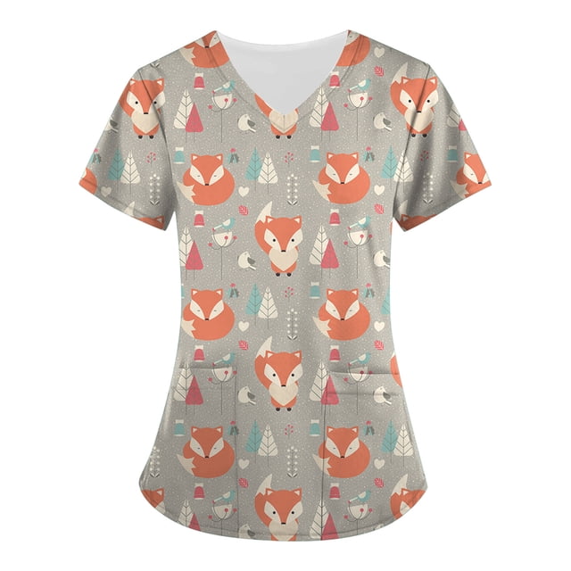 LSLJS Hauts à Manches Courtes à Col en V pour Femmes, Uniforme de Travail Imprimé avec Poche, Blouse, Hauts, Sarraus pour Femmes Grande Taille