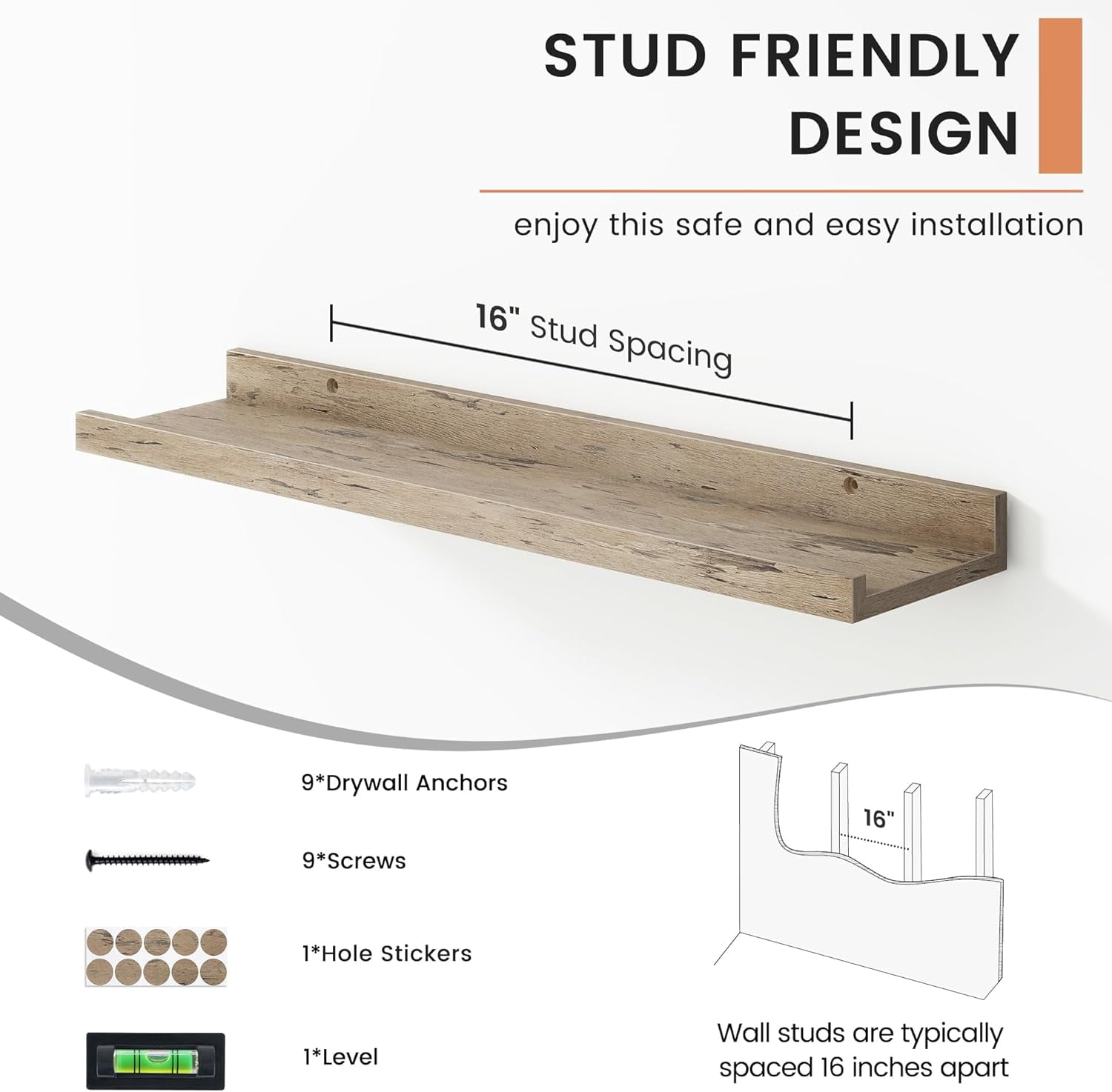 Floating Picture Ledge Shelves for Wall Set of 4, 24 Inch Solid Wood Wall Shelves with Lip Long Large Nursery Book Shelf for Toys Storage Kids Bookshelf Wall Mounted Living Room Bedroom Decor Frames