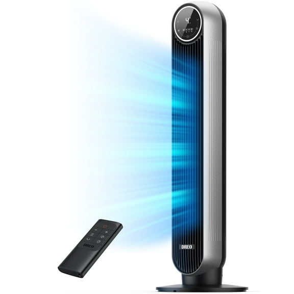 Dreo Tower Fans for Home, 90° Oscillating Standing Fans with Remote, 24 ft/s Velocity Quiet Bedroom Fan, 4 Speeds, 4Modes, 8H Timer, Bladeless Floor Fan, Black Silver