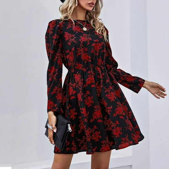 WJHWSX Dresses for Women,Womens Fall Dresses,Casual Dresses for Women,Long Sleeve,Crew Neck,Comfort Fit,Printed,L(US:8)