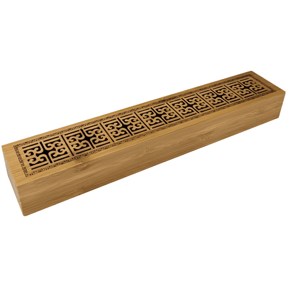 Wood Incense Stick Holder Box, Wide Incense Burner with Auspicious Hollow Design, 9.8 in / 25 cm Ash Catcher for Incense Sticks, Incline-Proof Incense Box, Light Brown