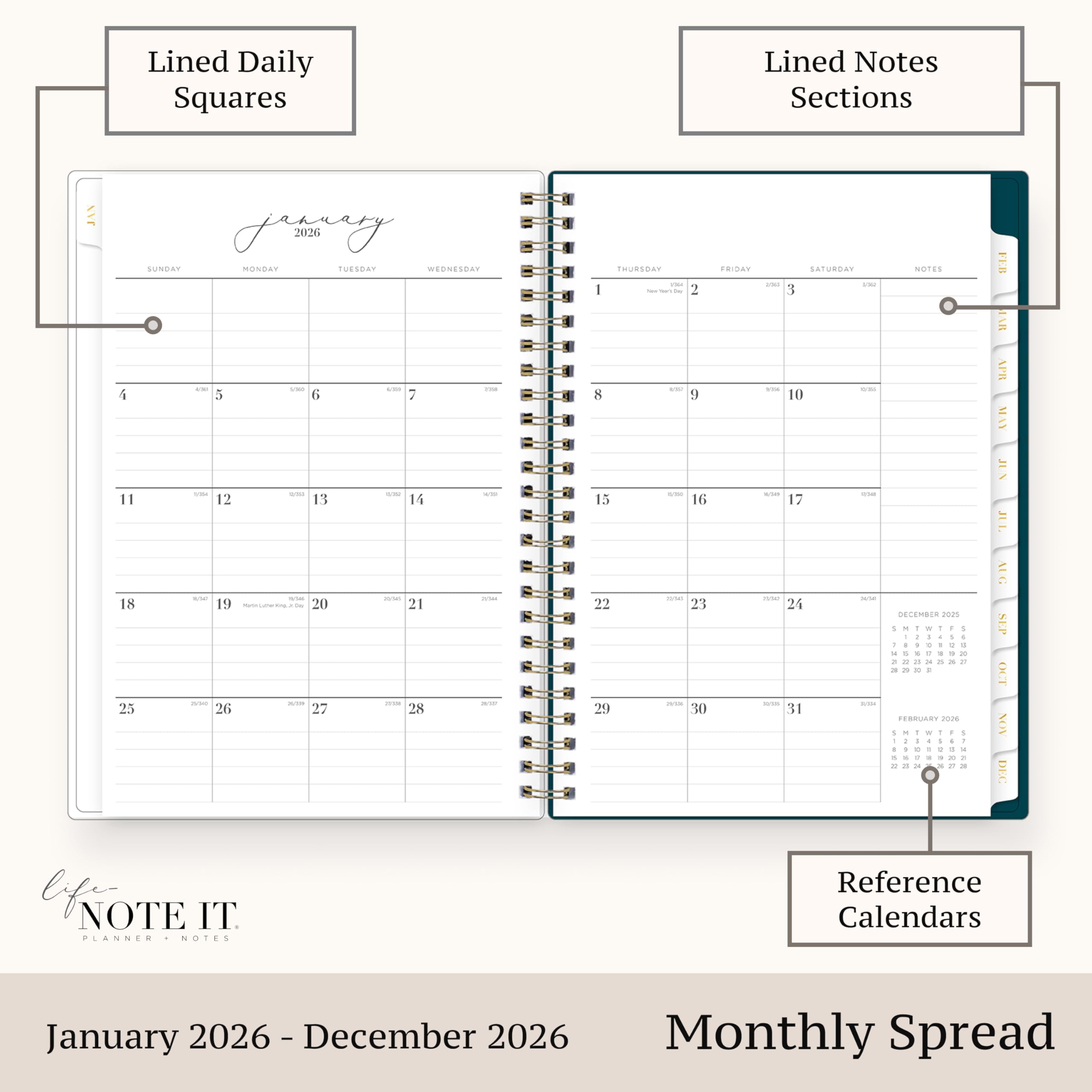 Blue Sky Life Note It 2026 Weekly and Monthly Planner Notes, January 2026 - December 2026, 5.875" x 8.625", Clear Pocket Cover, Wirebound, Storage Pocket, 50 Perforated Notes Sheets, Dania Dark