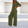 thumbnail image 5 of Bloomae Women's Loungewear Set 2 Piece Cotton Linen V Neck Long Sleeve Shirt & Wide Leg Pants with Pockets Lightweight Casual Solid Color Loose Fit Summer Outfit Army Green M, 5 of 7