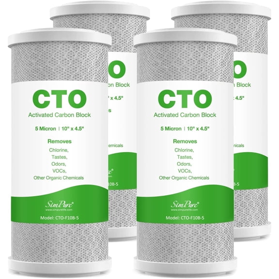 SimPure Coconut Shell Water Filter Cartridge, 10 inch Activated Carbon Block CTO Whole House Water Filter Cartridge, 5 Micron, 4-Pack