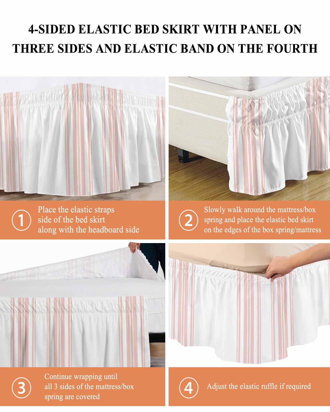 Colorful Stripes Bed Skirt King Size 18" Drop Pink Wood Texture White Ruffled Wrap Around Bed Skirts Adjustable Elastic Bedskirt Dust Ruffle for King Size Bed