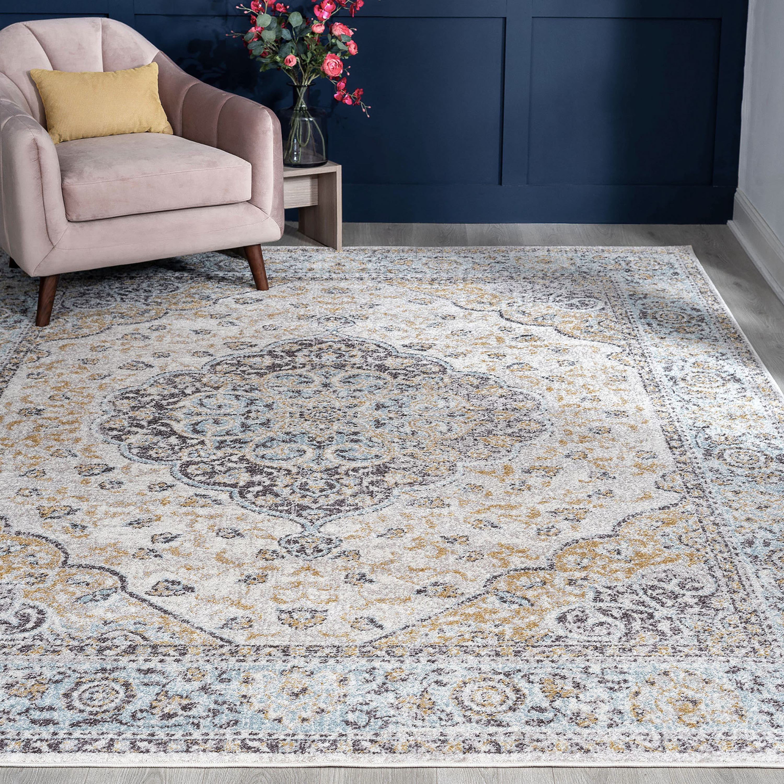 Traditional 5x7 Area Rug (5'3'' x 7'3'') Medallion Brown, Aqua Living Room Easy to Clean