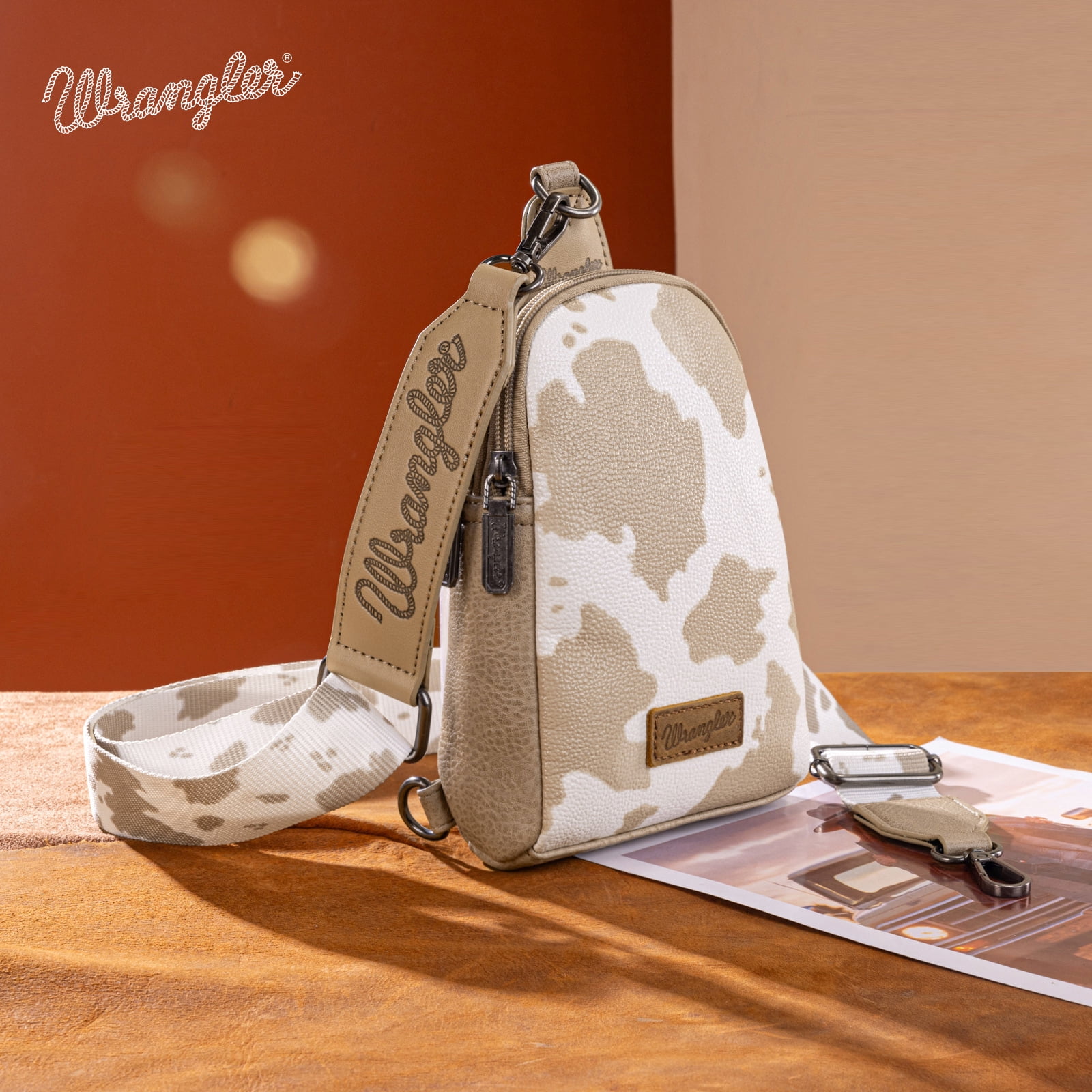 Wrangler Cow Print Crossbody Bags for Women Western Sling Bag with Adjustable Starp Cross Body Purse, Tan