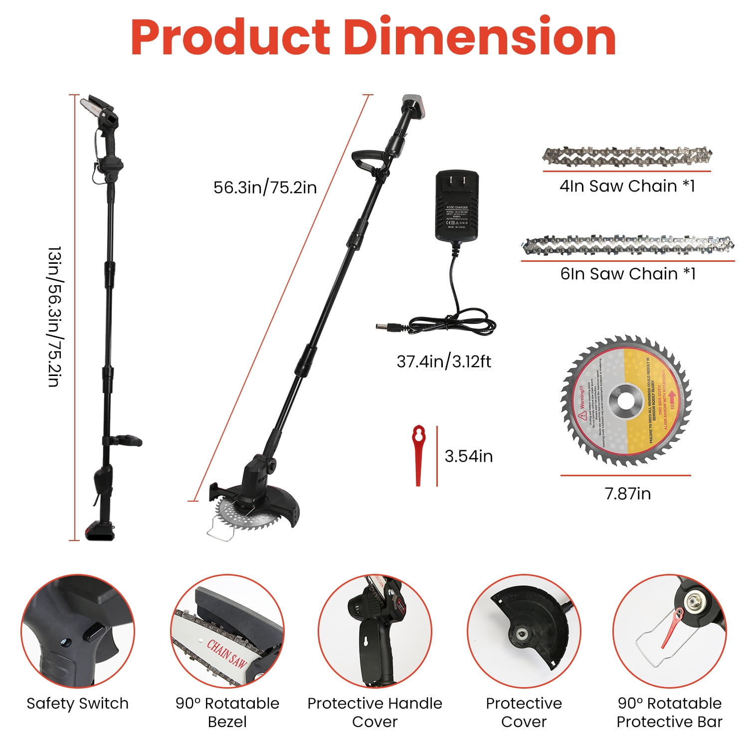 Moclever 3 in 1 Cordless Electric Pole Saw & Mini Chainsaw & Grass Trimmer Kit Adjustable Length with 2Pcs 21V 1500mAh Batteries 4in/6in Chains Saw Blade 5Pcs Plastic Blades, Black
