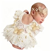 Ylsteed Baby Girl 0-1 Months Newborn Photography Outfit Sleeveless Ruffle Lace Butterfly Tulle Onesie Bodysuit with Pearl Headband Photo Prop Costume