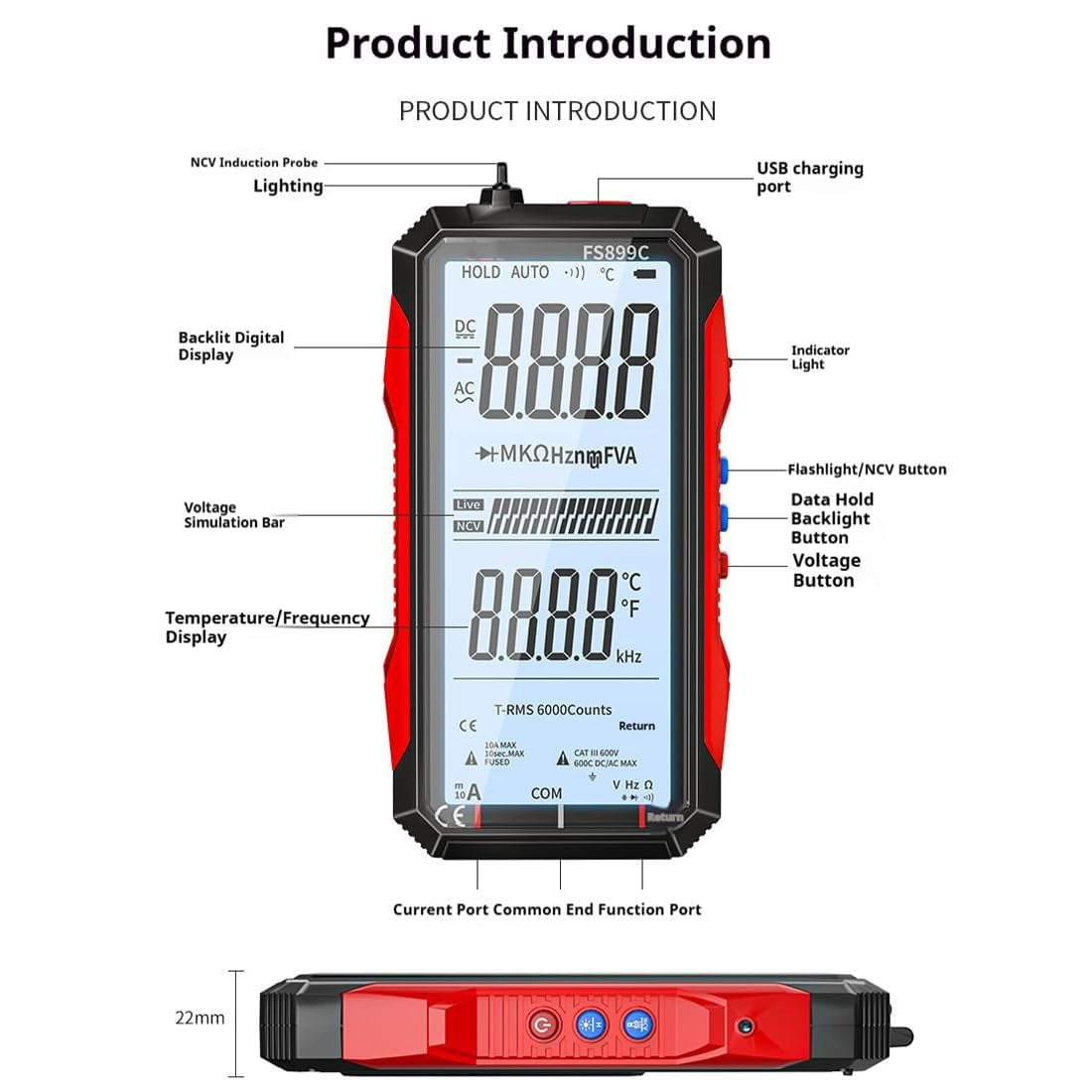 True Rms 6000-Count Digital Voltmeter, Fs899l Smart Digital Multimeter, USB Rechargeable Digital Multimeter 6000 Counts, Large Color Screen, Backlight, Multimeter Tester Auto Ranging