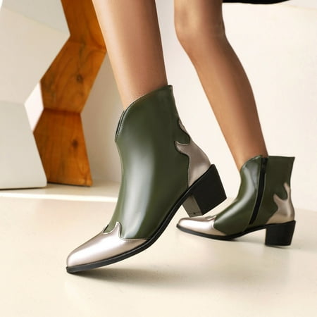 

symoid Womens Mid Calf Boots- Autumn and Winter Color Matching Pointed Toe TThick Heel Ladies Short Boots Green 35