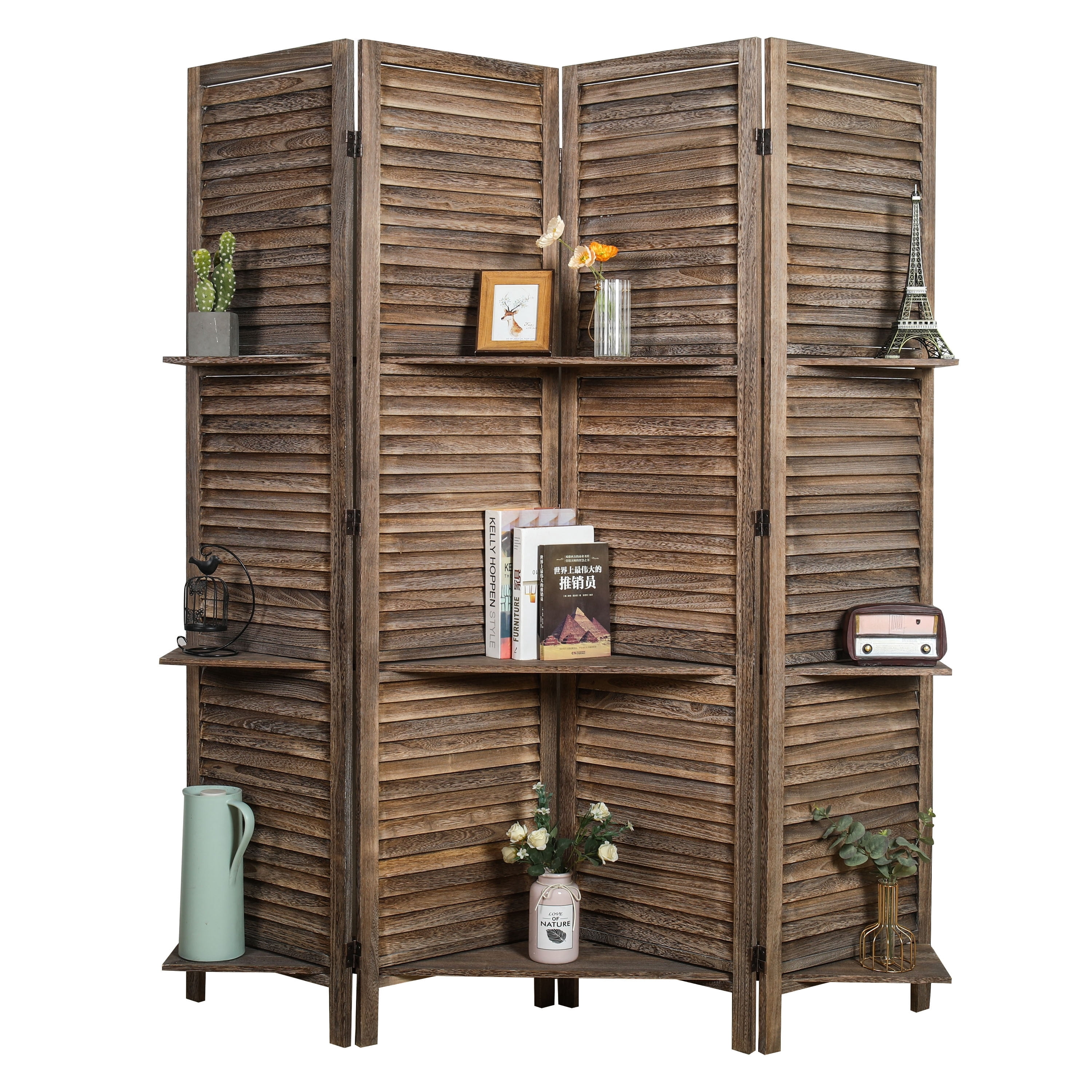 Proman Products Rancho Shelf 4 Panel Room Divider , Folding Screen, Privacy Screen, Paulownia Wood, Rustic Brown