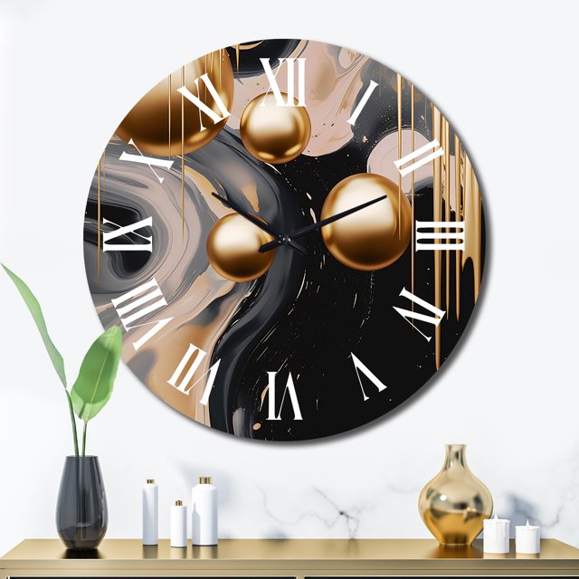 Designart "Mystic Gold & Noir Fusion I" Abstract Shapes Oversized Wall Clock