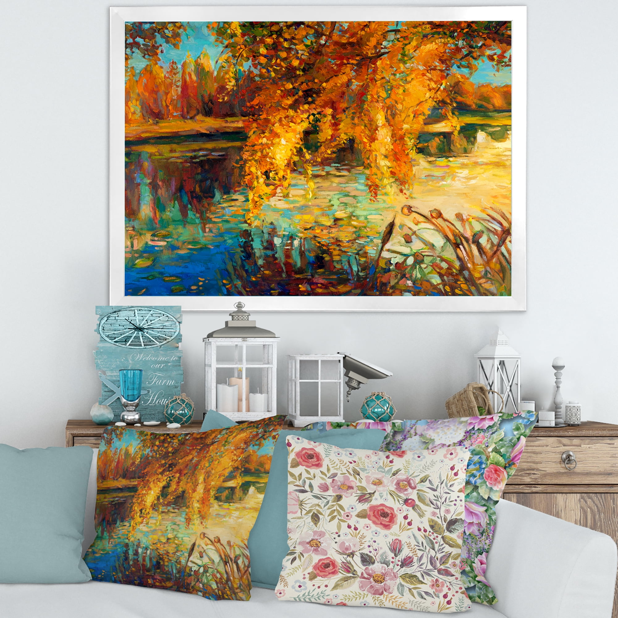 Designart 'Orange Autumn Forest Reflects On River' Lake House Framed Art Print