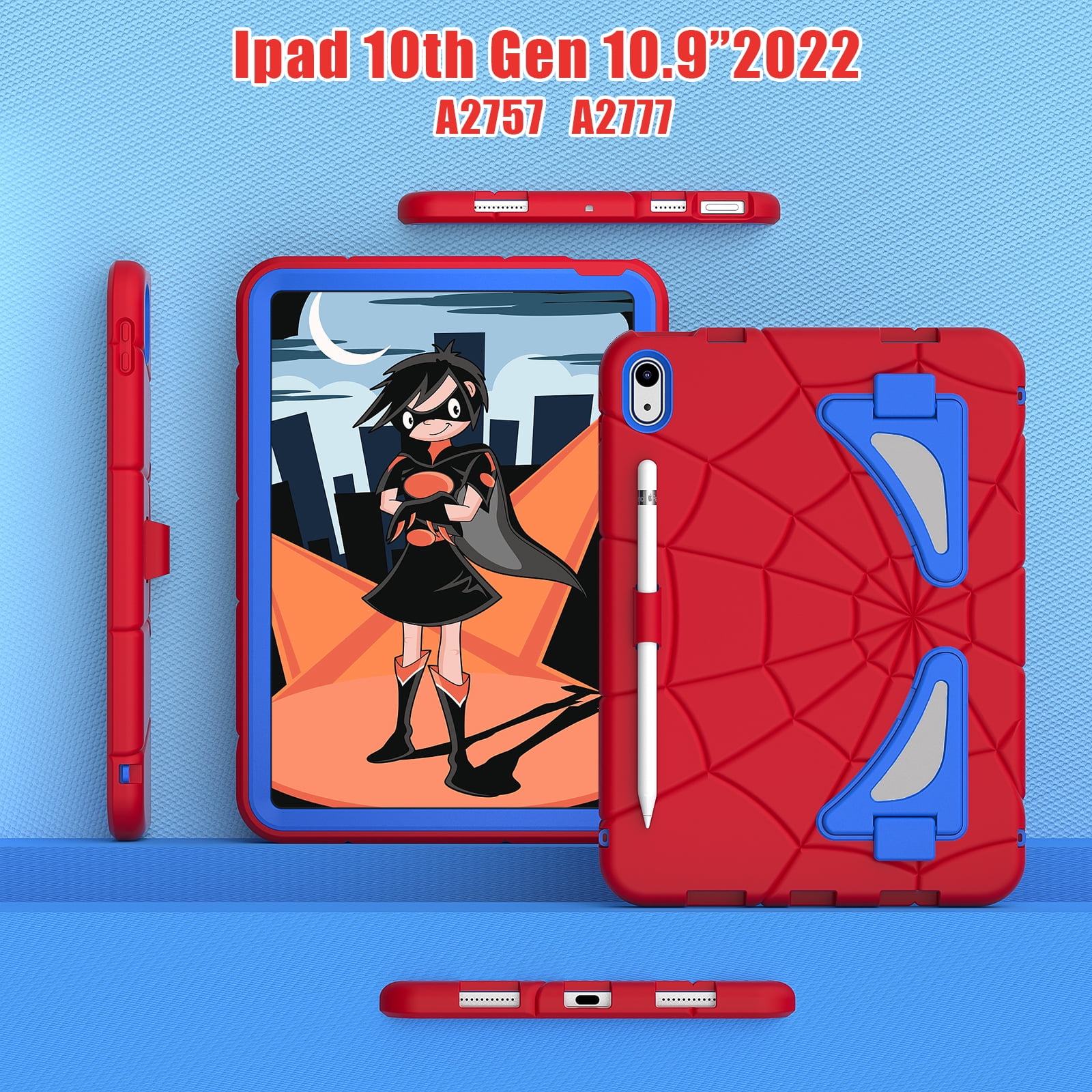 Kids Case for iPad A16 11th Generation 2025 / 10th Gen Case 2022, with Pencil Holder/Kickstand/Shoulder Strap Heavy Duty Protection Rugged Shockproof Hybrid Boy Girl Children Cover, Red + Blue