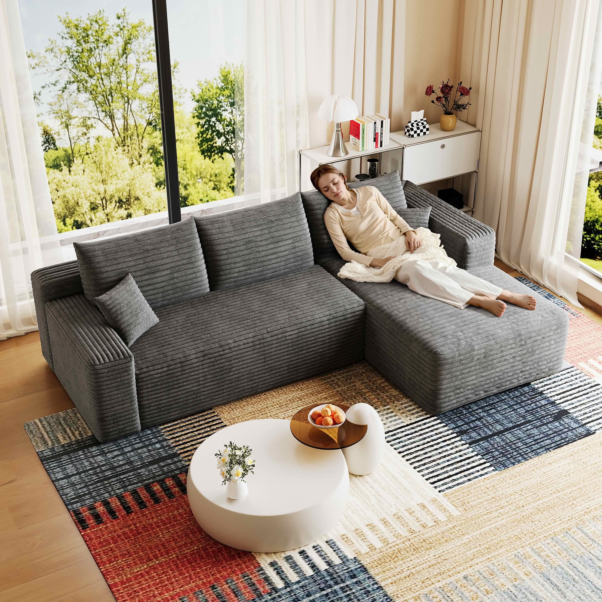 MAYEERTY 95 Inch Cloud U Shaped Sectional Sofa, Plush Corduroy Deep Seat Corner Couch, No Assembly Modern Minimalist Sofa for Living Room Apartment