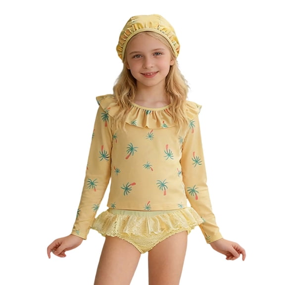 Long Sleeve Sun Two Piece Swimsuit For Girls Floral Print UPF 50  Rash Guard And Swim Bottom Set For Toddler Kids Beach Pool