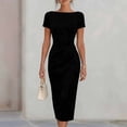 thumbnail image 4 of ClodeEU Women's Boat Neck Short Sleeve Side Ruched Waist Midi Bodycon Pencil Dress,Elegant Office Wedding Guest Sheath Dress Black,Women's Plus L, 4 of 7