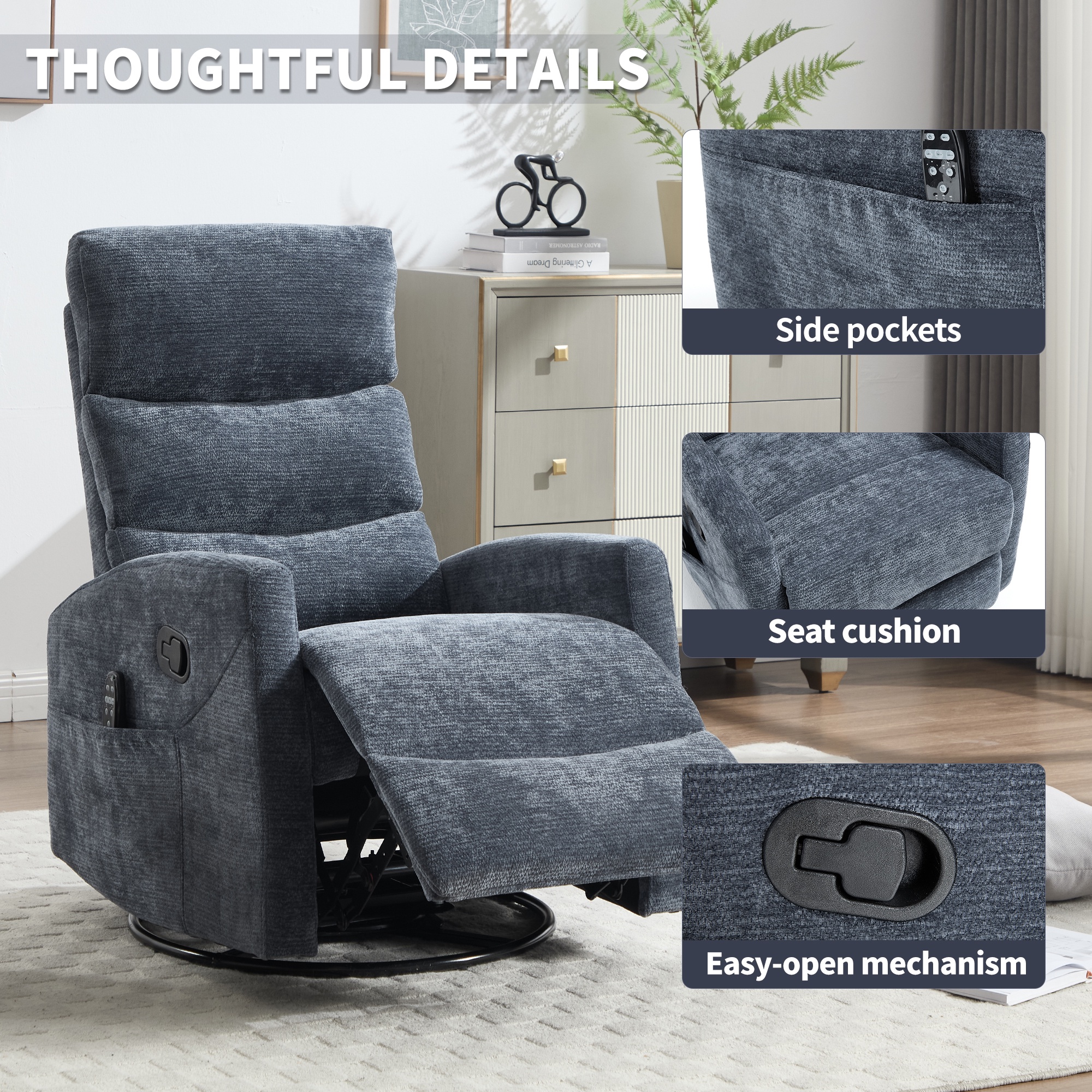 PAPROOS Rocker Recliner with Heat and Massage, Fabric 360°Swivel Rocker Recliner, Glider Rocking Chair for Nursery, Small Manual Recliner with Side Pocket for Home Theater Living Room, Blue