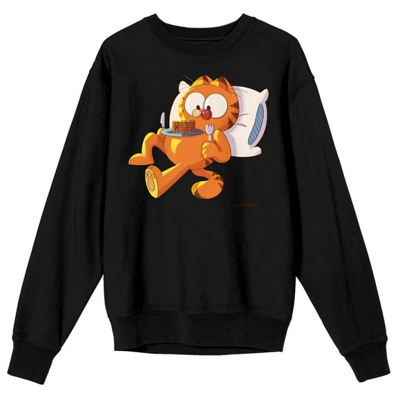 Garfield Eating Pancakes Crew Neck Long Sleeve Adult Black Sweatshirt-Medium