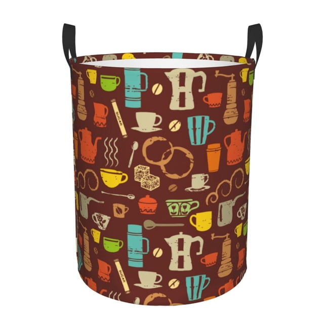Balery Retro Coffee Cesta de ropa redonda con asas, impermeable, independiente, para ropa, juguetes, dormitorio y familia-Medium