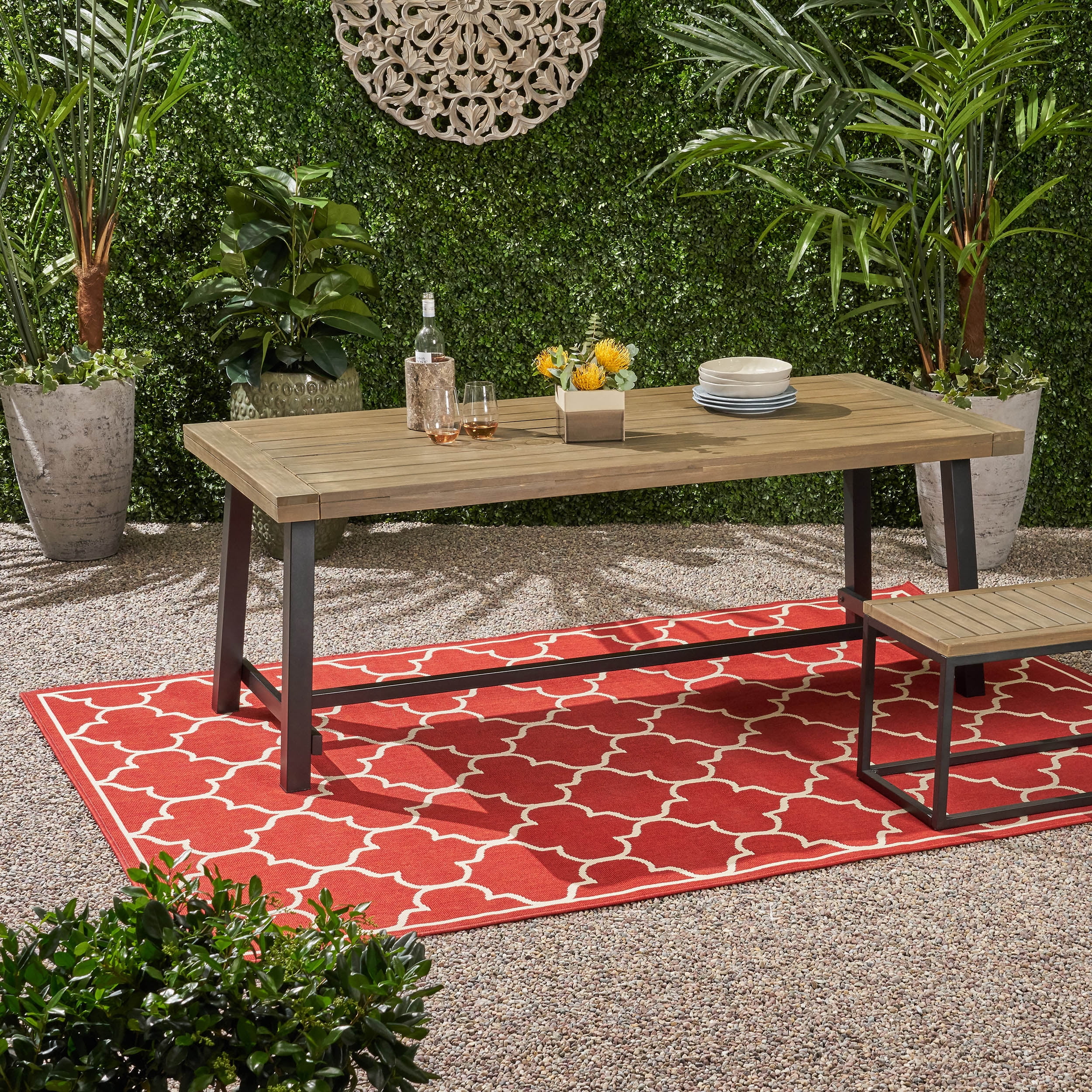 Kamden Outdoor Eight Seater Wooden Dining Table, Gray and Black