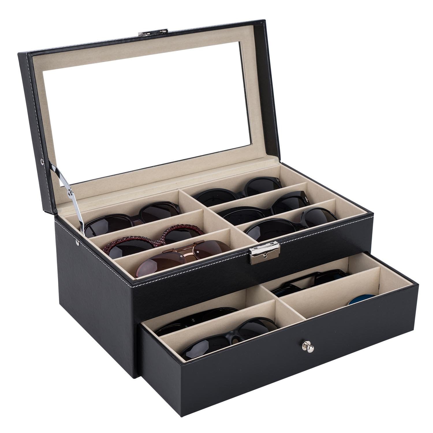 12 Piece Eyeglasses Storage and Sunglass Glasses Display Drawer Lockable Case Organizer, Black