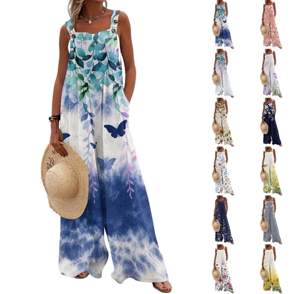Women's Summer Overalls Jumpsuits Boho Sleeveless Wide Leg Romper with Pockets Pink XL
